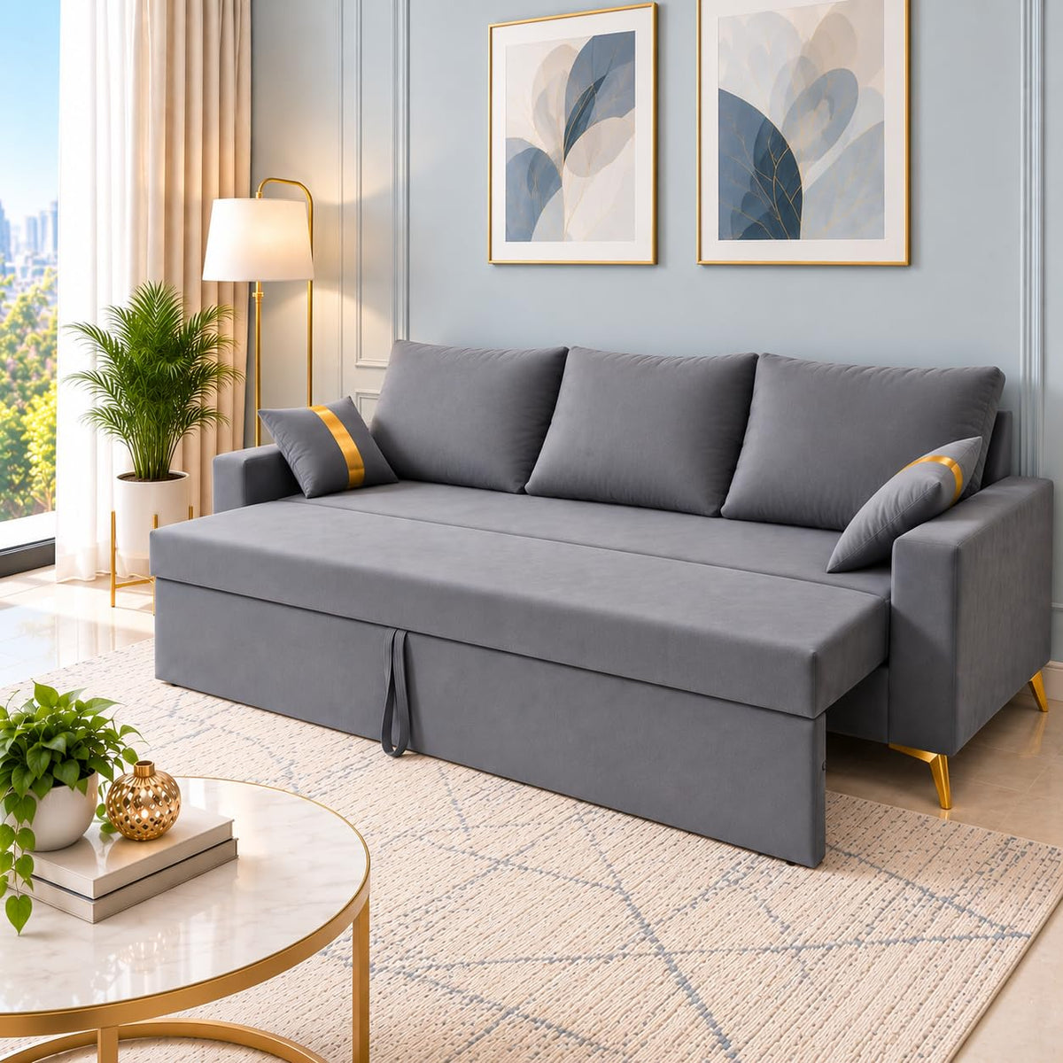 Adorn India Damian Plus 3-Seater Sofa Cum Bed | Velvet Suede Fabric | Grey
