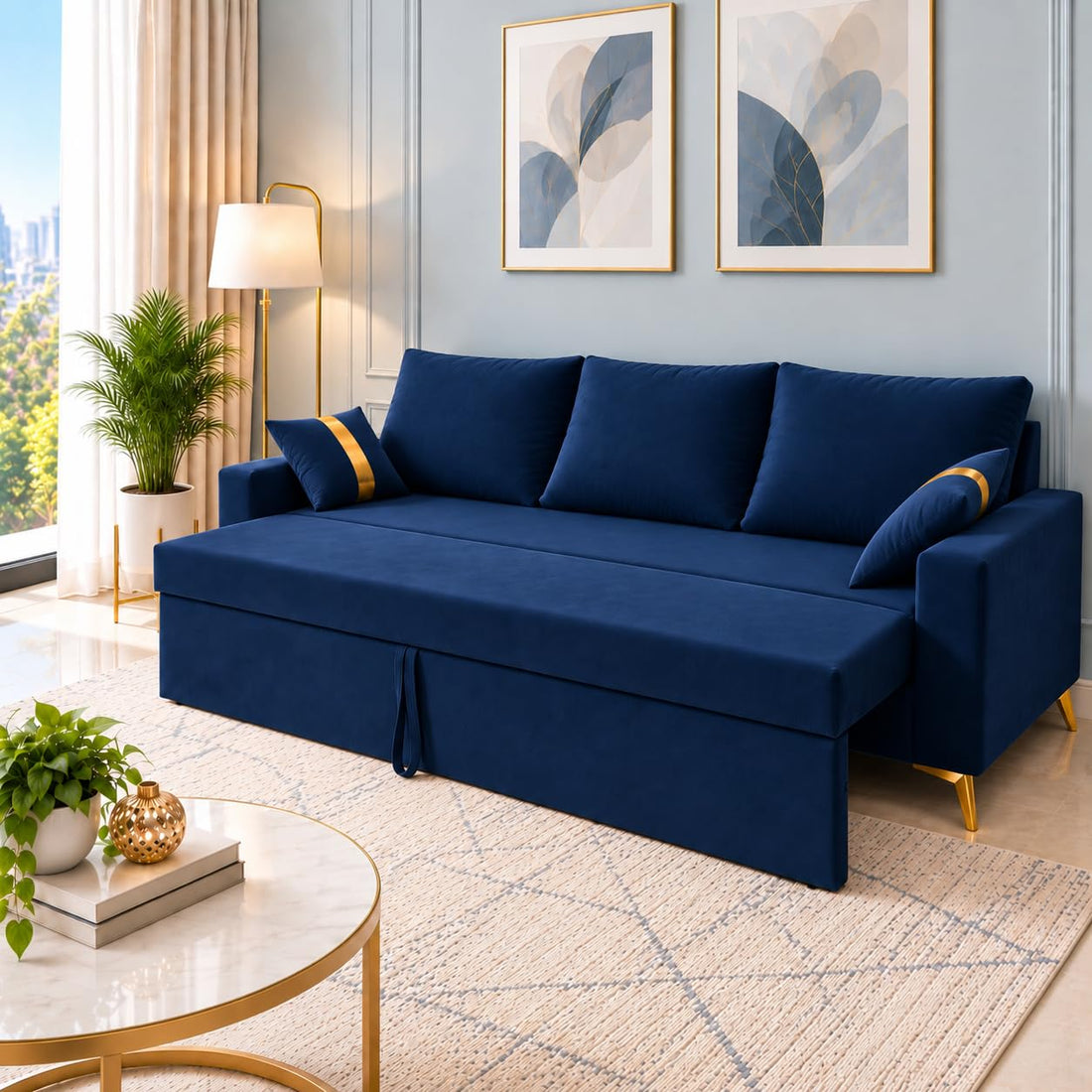 Adorn India Damian Plus 3-Seater Sofa Cum Bed | Velvet Suede Fabric |Blue