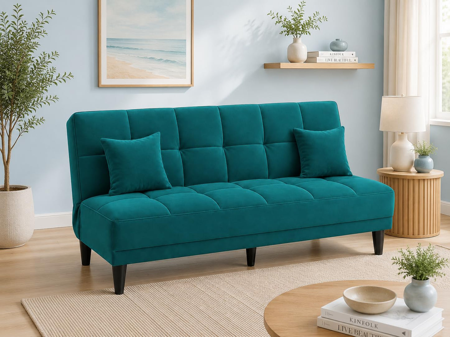 Adorn India Alyssum 3 Seater Sofa Cum Bed 4X6 Velvet 2 Cushions (Color Aqua Blue) and Suitable for All Indoor, with 3 Years Warranty