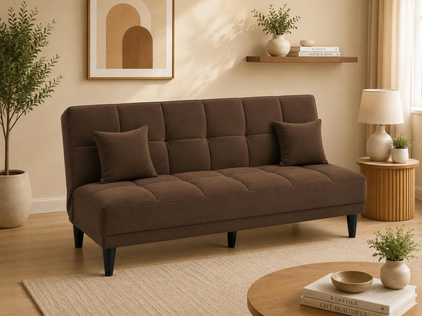 Adorn India Alyssum 3 Seater Sofa Cum Bed 4X6 Velvet 2 Cushions (Color Brown) and Suitable for All Indoor, with 3 Years Warranty