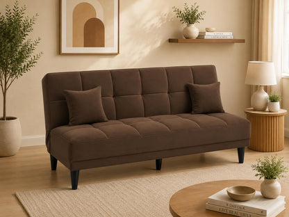 Adorn India Alyssum 3 Seater Sofa Cum Bed 4X6 Velvet 2 Cushions (Color Brown) and Suitable for All Indoor, with 3 Years Warranty