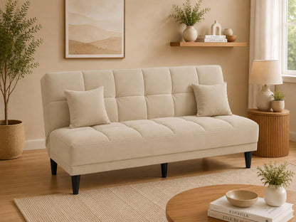 Adorn India Alyssum 3 Seater Sofa Cum Bed 4X6 Velvet 2 Cushions (Color Beige) and Suitable for All Indoor, with 3 Years Warranty
