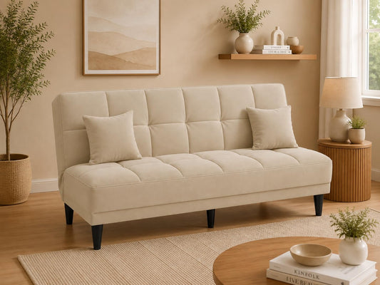Adorn India Alyssum 3 Seater Sofa Cum Bed 4X6 Velvet 2 Cushions (Color Beige) and Suitable for All Indoor, with 3 Years Warranty