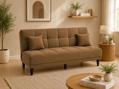 Adorn India Alyssum 3 Seater Sofa Cum Bed 4X6 Velvet 2 Cushions (Color Camel) and Suitable for All Indoor, with 3 Years Warranty