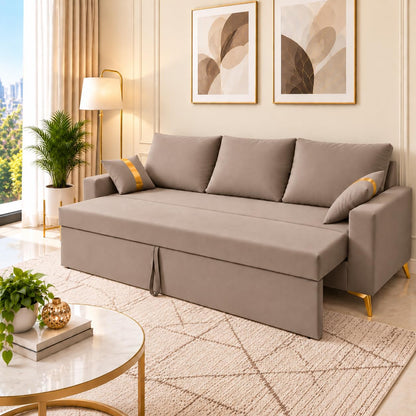 Adorn India Damian Plus 3-Seater Sofa Cum Bed | Velvet Suede Fabric | Beige