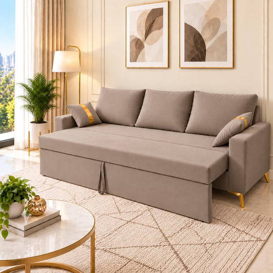 Adorn India Damian Plus 3-Seater Sofa Cum Bed | Velvet Suede Fabric | Beige