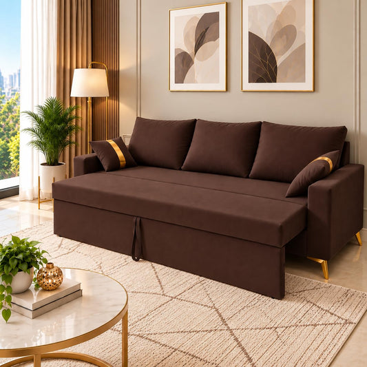 Adorn India Damian Plus 3-Seater Sofa Cum Bed | Velvet Suede Fabric | Brown