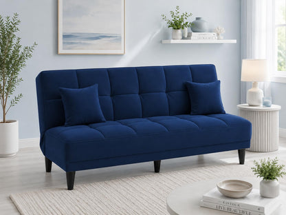 Adorn India Alyssum 3 Seater Sofa Cum Bed 4X6 Velvet 2 Cushions (Color Blue) and Suitable for All Indoor, with 3 Years Warranty