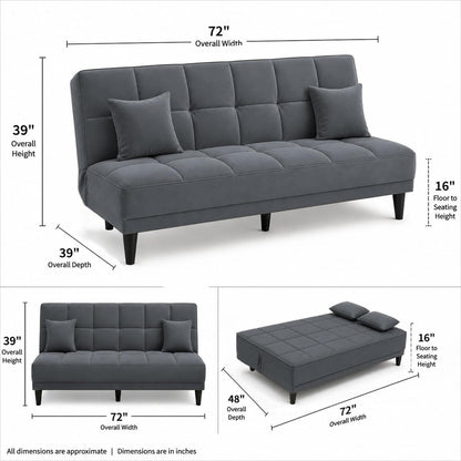 Adorn India Alyssum 3 Seater Sofa Cum Bed 4X6 Velvet 2 Cushions (Color Grey) and Suitable for All Indoor, with 3 Years Warranty