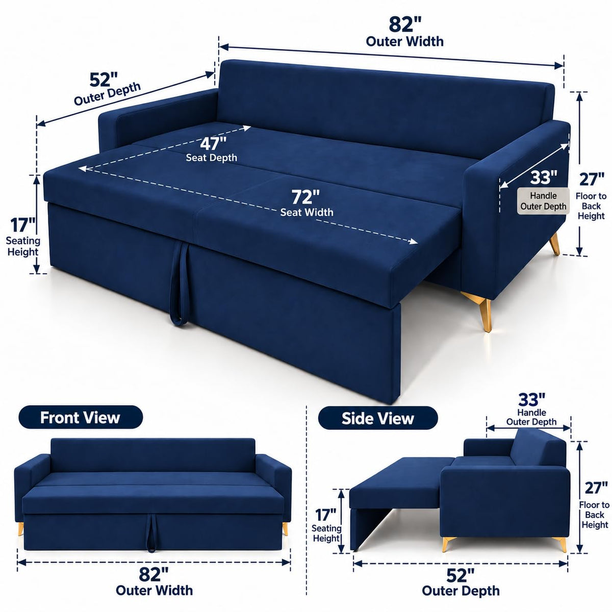 Adorn India Damian Plus 3-Seater Sofa Cum Bed | Velvet Suede Fabric |Blue