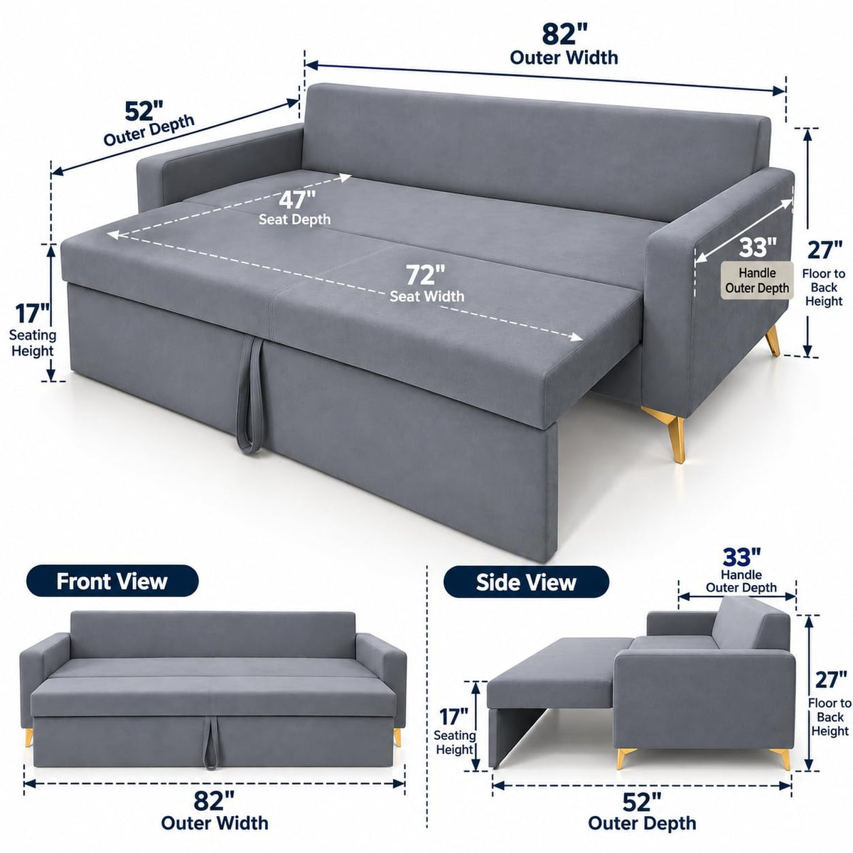 Adorn India Damian Plus 3-Seater Sofa Cum Bed | Velvet Suede Fabric | Grey