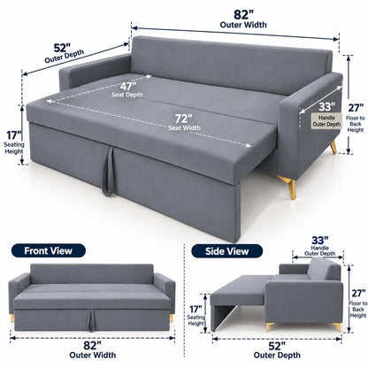 Adorn India Damian Plus 3-Seater Sofa Cum Bed | Velvet Suede Fabric | Grey