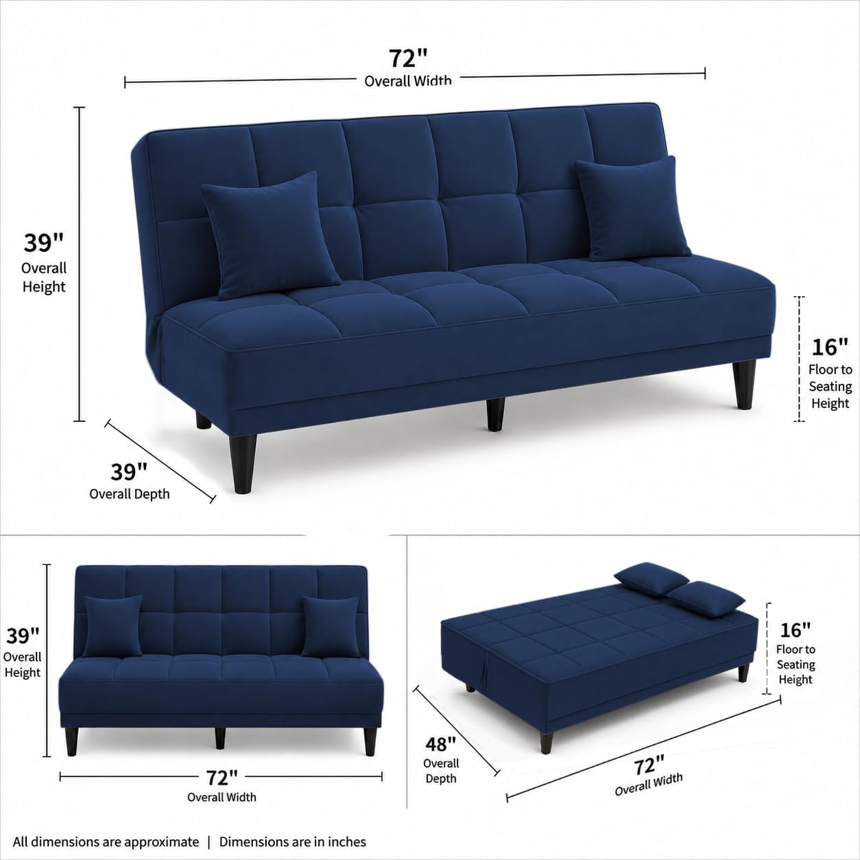 Adorn India Alyssum 3 Seater Sofa Cum Bed 4X6 Velvet 2 Cushions (Color Blue) and Suitable for All Indoor, with 3 Years Warranty