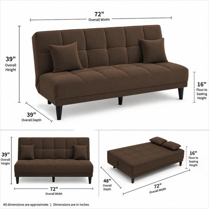 Adorn India Alyssum 3 Seater Sofa Cum Bed 4X6 Velvet 2 Cushions (Color Brown) and Suitable for All Indoor, with 3 Years Warranty