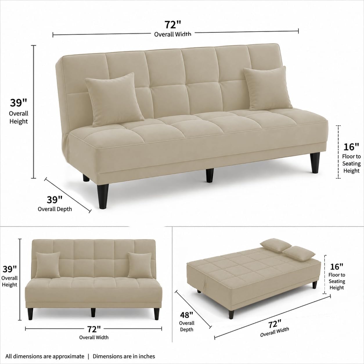 Adorn India Alyssum 3 Seater Sofa Cum Bed 4X6 Velvet 2 Cushions (Color Beige) and Suitable for All Indoor, with 3 Years Warranty