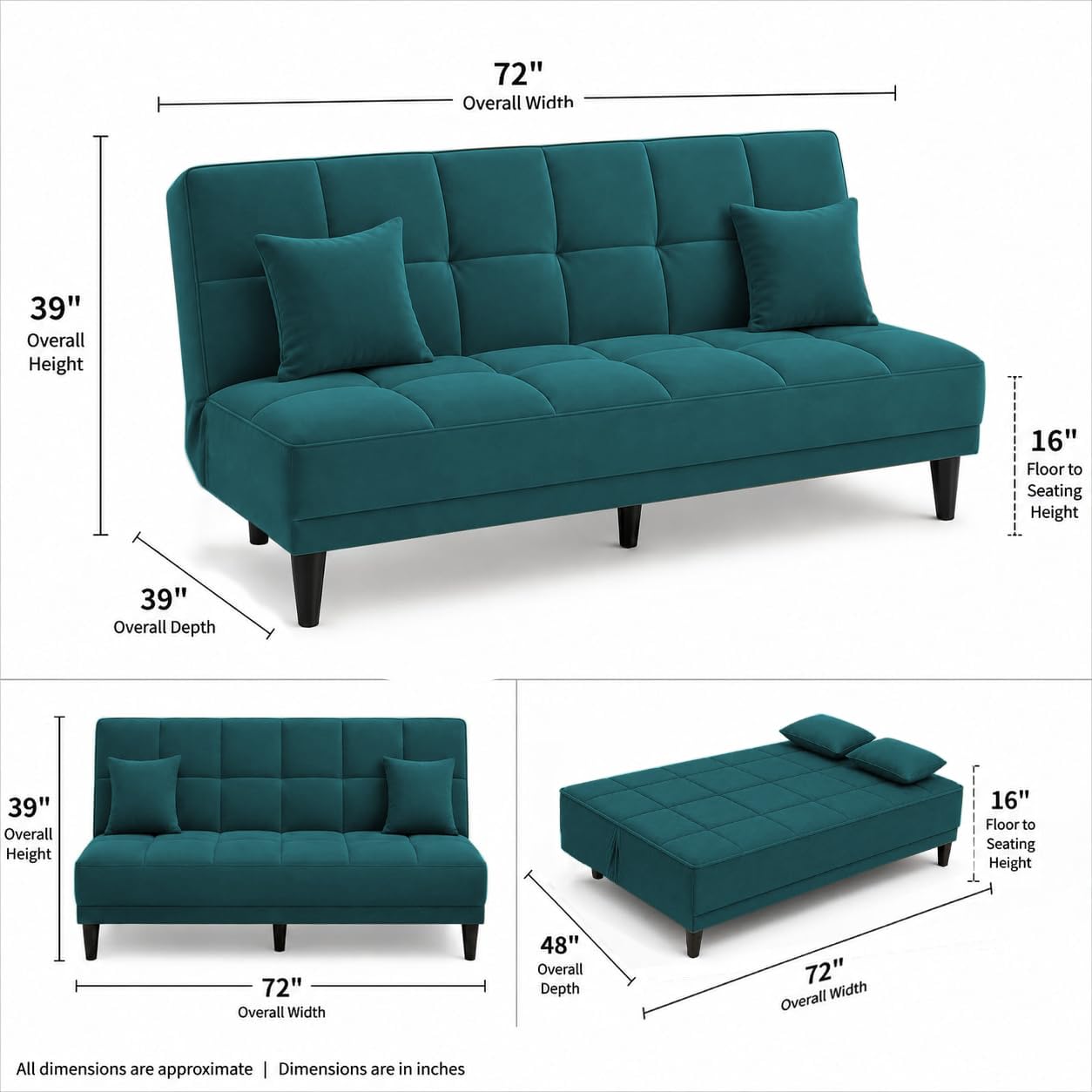 Adorn India Alyssum 3 Seater Sofa Cum Bed 4X6 Velvet 2 Cushions (Color Aqua Blue) and Suitable for All Indoor, with 3 Years Warranty