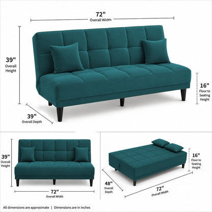 Adorn India Alyssum 3 Seater Sofa Cum Bed 4X6 Velvet 2 Cushions (Color Aqua Blue) and Suitable for All Indoor, with 3 Years Warranty