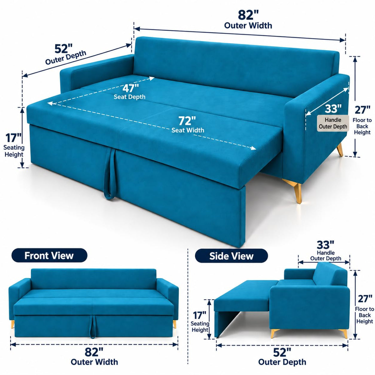Adorn India Damian Plus 3-Seater Sofa Cum Bed | Velvet Suede Fabric |Aqua Blue