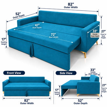 Adorn India Damian Plus 3-Seater Sofa Cum Bed | Velvet Suede Fabric |Aqua Blue