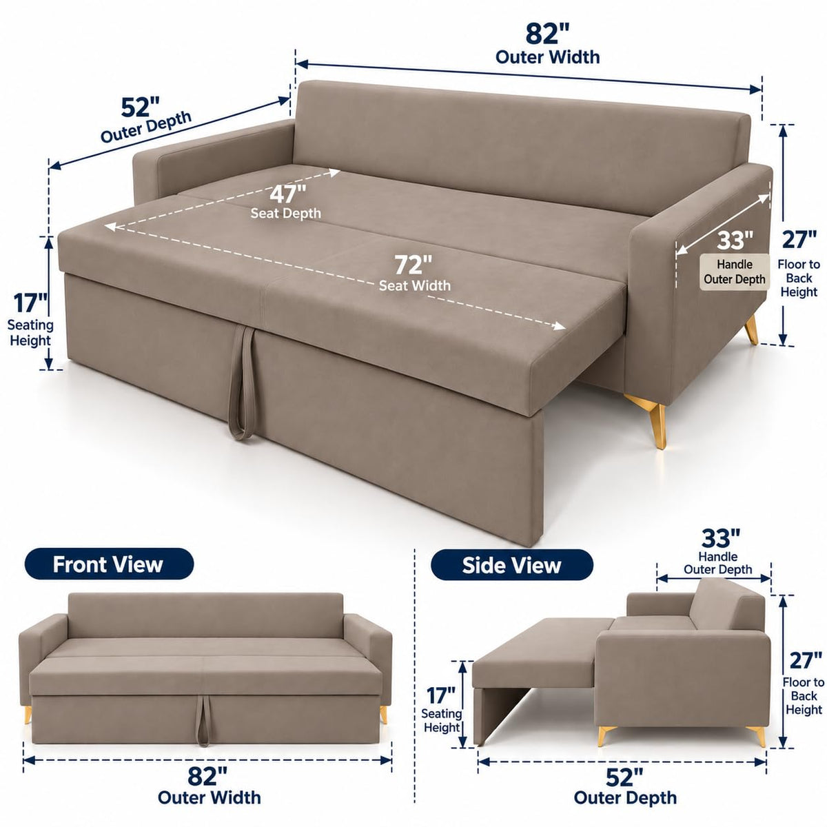Adorn India Damian Plus 3-Seater Sofa Cum Bed | Velvet Suede Fabric | Beige