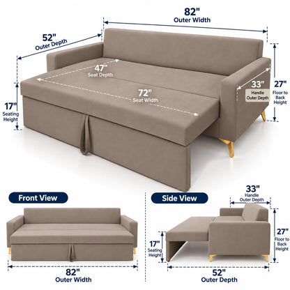 Adorn India Damian Plus 3-Seater Sofa Cum Bed | Velvet Suede Fabric | Beige
