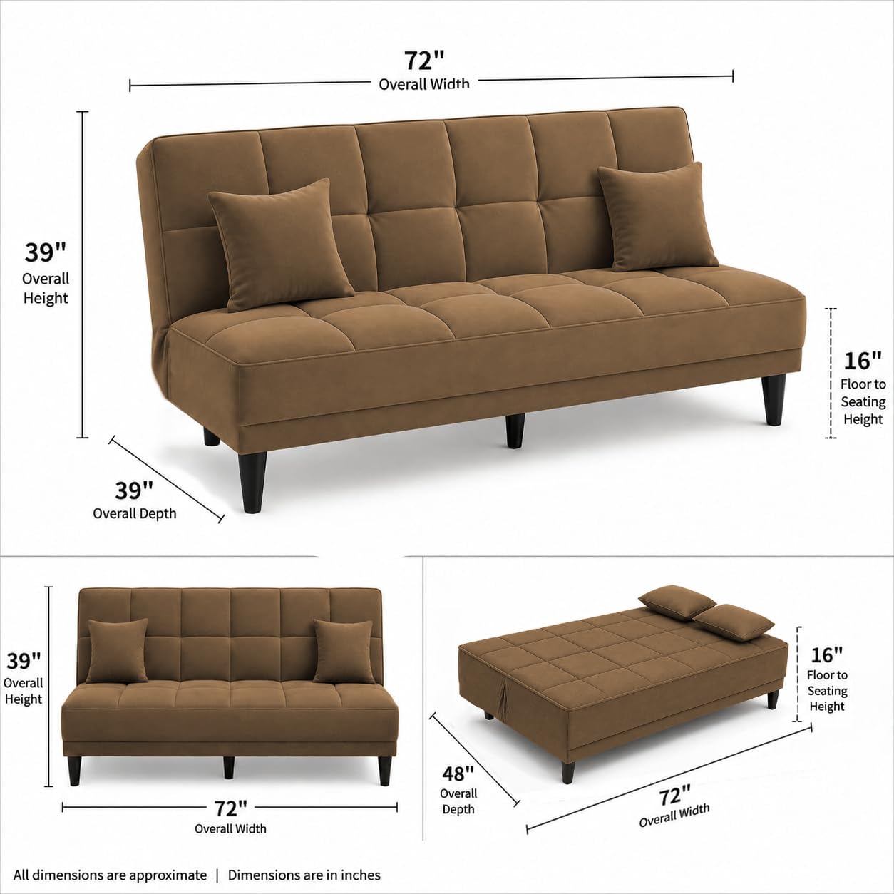 Adorn India Alyssum 3 Seater Sofa Cum Bed 4X6 Velvet 2 Cushions (Color Camel) and Suitable for All Indoor, with 3 Years Warranty