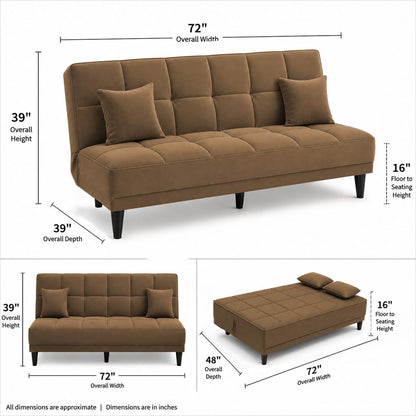 Adorn India Alyssum 3 Seater Sofa Cum Bed 4X6 Velvet 2 Cushions (Color Camel) and Suitable for All Indoor, with 3 Years Warranty