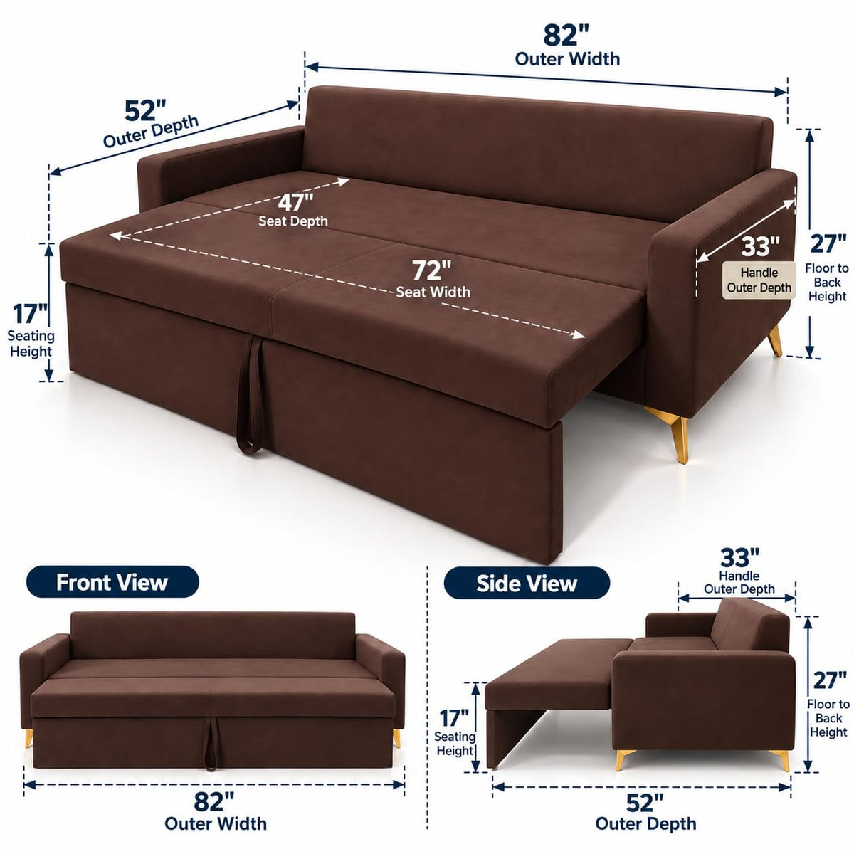 Adorn India Damian Plus 3-Seater Sofa Cum Bed | Velvet Suede Fabric | Brown