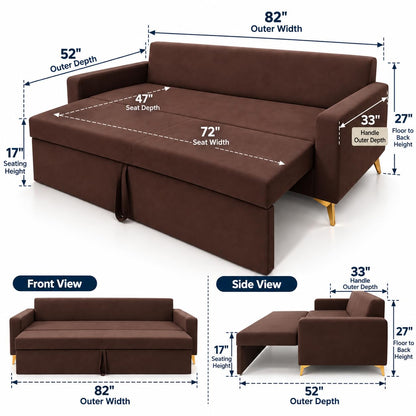 Adorn India Damian Plus 3-Seater Sofa Cum Bed | Velvet Suede Fabric | Brown