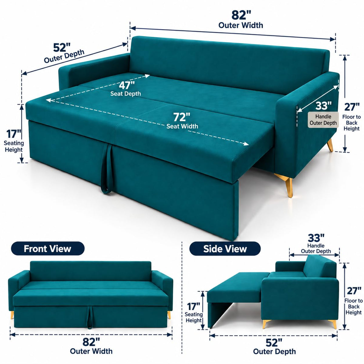 Adorn India Damian Plus 3-Seater Sofa Cum Bed | Velvet Suede Fabric | Ocean Blue