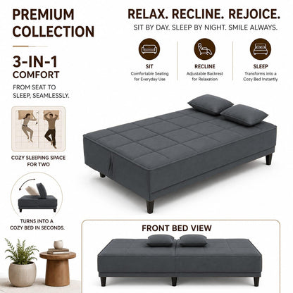 Adorn India Alyssum 3 Seater Sofa Cum Bed 4X6 Velvet 2 Cushions (Color Grey) and Suitable for All Indoor, with 3 Years Warranty