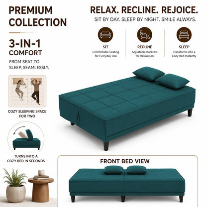 Adorn India Alyssum 3 Seater Sofa Cum Bed 4X6 Velvet 2 Cushions (Color Aqua Blue) and Suitable for All Indoor, with 3 Years Warranty