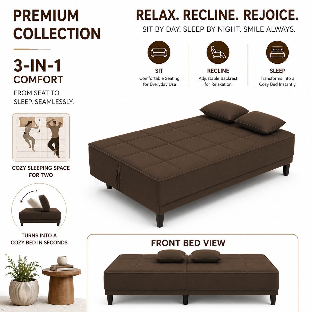 Adorn India Alyssum 3 Seater Sofa Cum Bed 4X6 Velvet 2 Cushions (Color Brown) and Suitable for All Indoor, with 3 Years Warranty