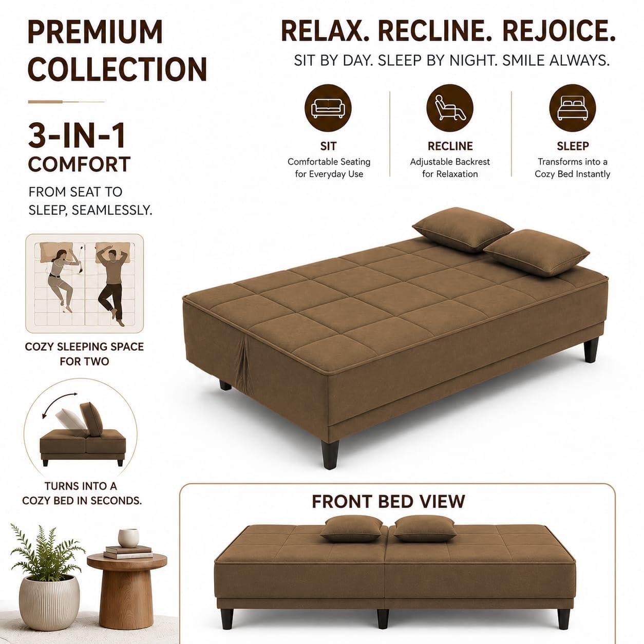 Adorn India Alyssum 3 Seater Sofa Cum Bed 4X6 Velvet 2 Cushions (Color Camel) and Suitable for All Indoor, with 3 Years Warranty