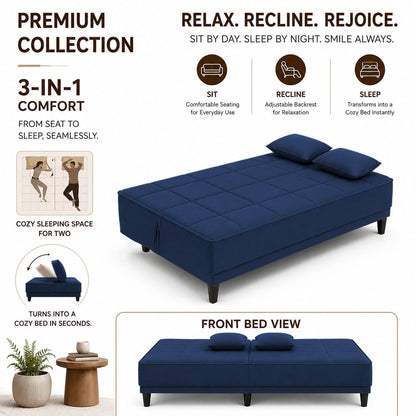 Adorn India Alyssum 3 Seater Sofa Cum Bed 4X6 Velvet 2 Cushions (Color Blue) and Suitable for All Indoor, with 3 Years Warranty