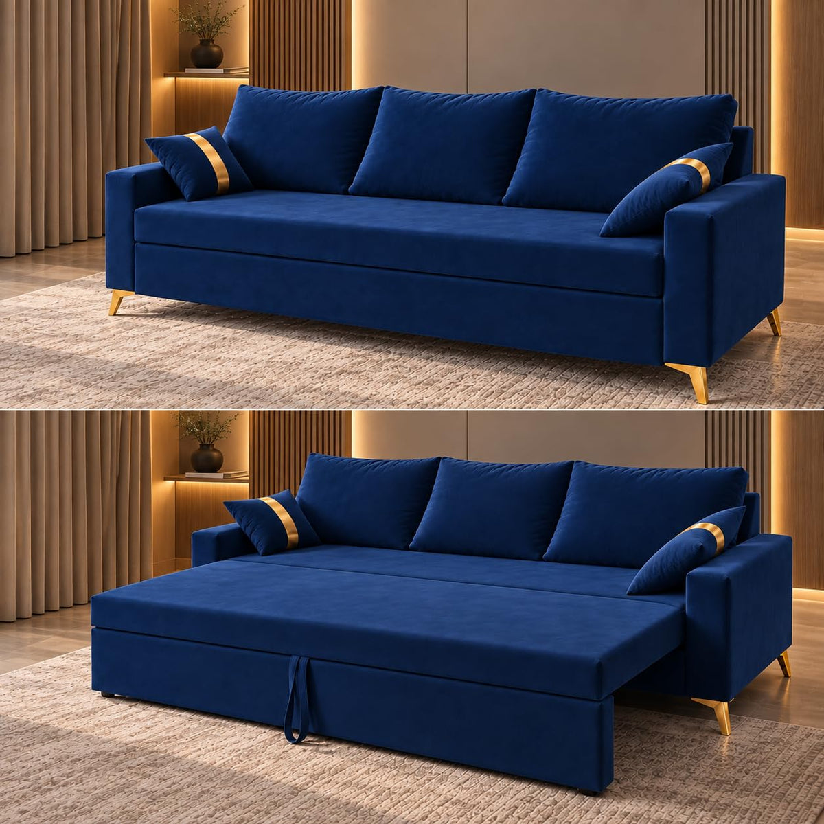 Adorn India Damian Plus 3-Seater Sofa Cum Bed | Velvet Suede Fabric |Blue
