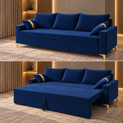 Adorn India Damian Plus 3-Seater Sofa Cum Bed | Velvet Suede Fabric |Blue