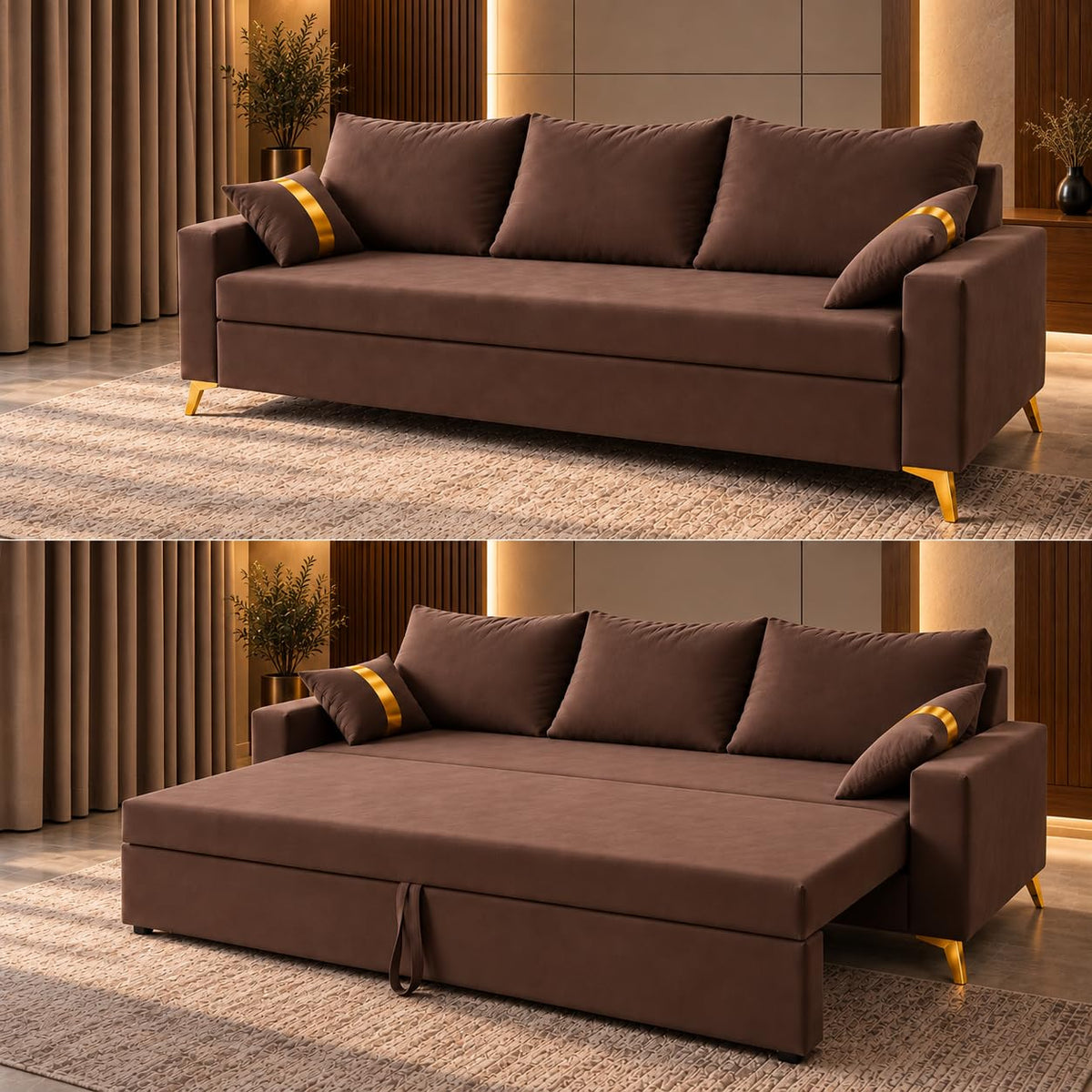 Adorn India Damian Plus 3-Seater Sofa Cum Bed | Velvet Suede Fabric | Brown
