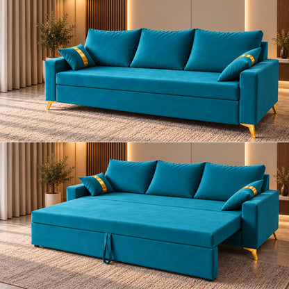 Adorn India Damian Plus 3-Seater Sofa Cum Bed | Velvet Suede Fabric |Aqua Blue