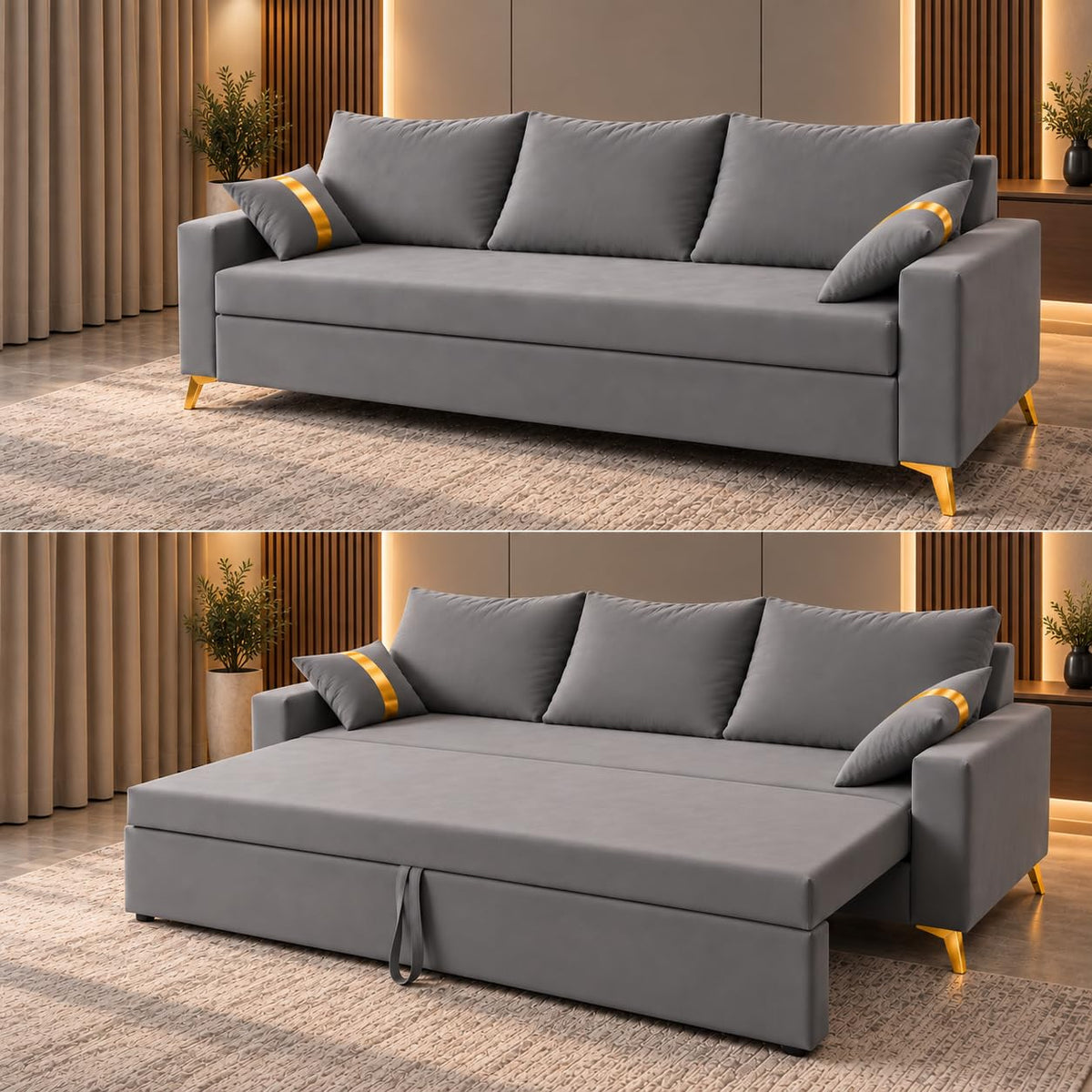 Adorn India Damian Plus 3-Seater Sofa Cum Bed | Velvet Suede Fabric | Grey