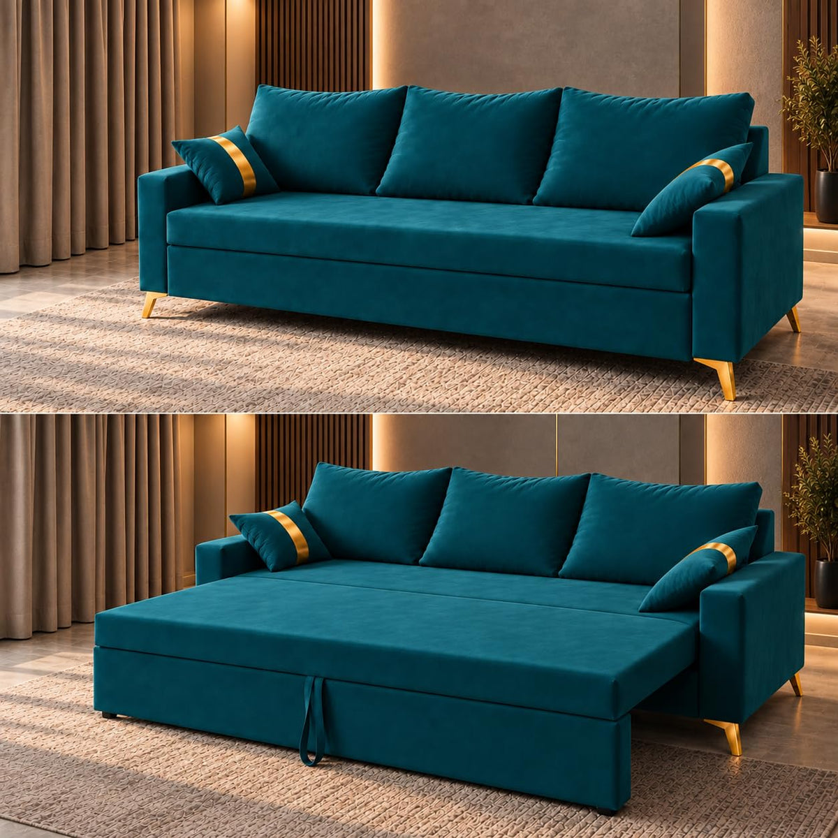 Adorn India Damian Plus 3-Seater Sofa Cum Bed | Velvet Suede Fabric | Ocean Blue