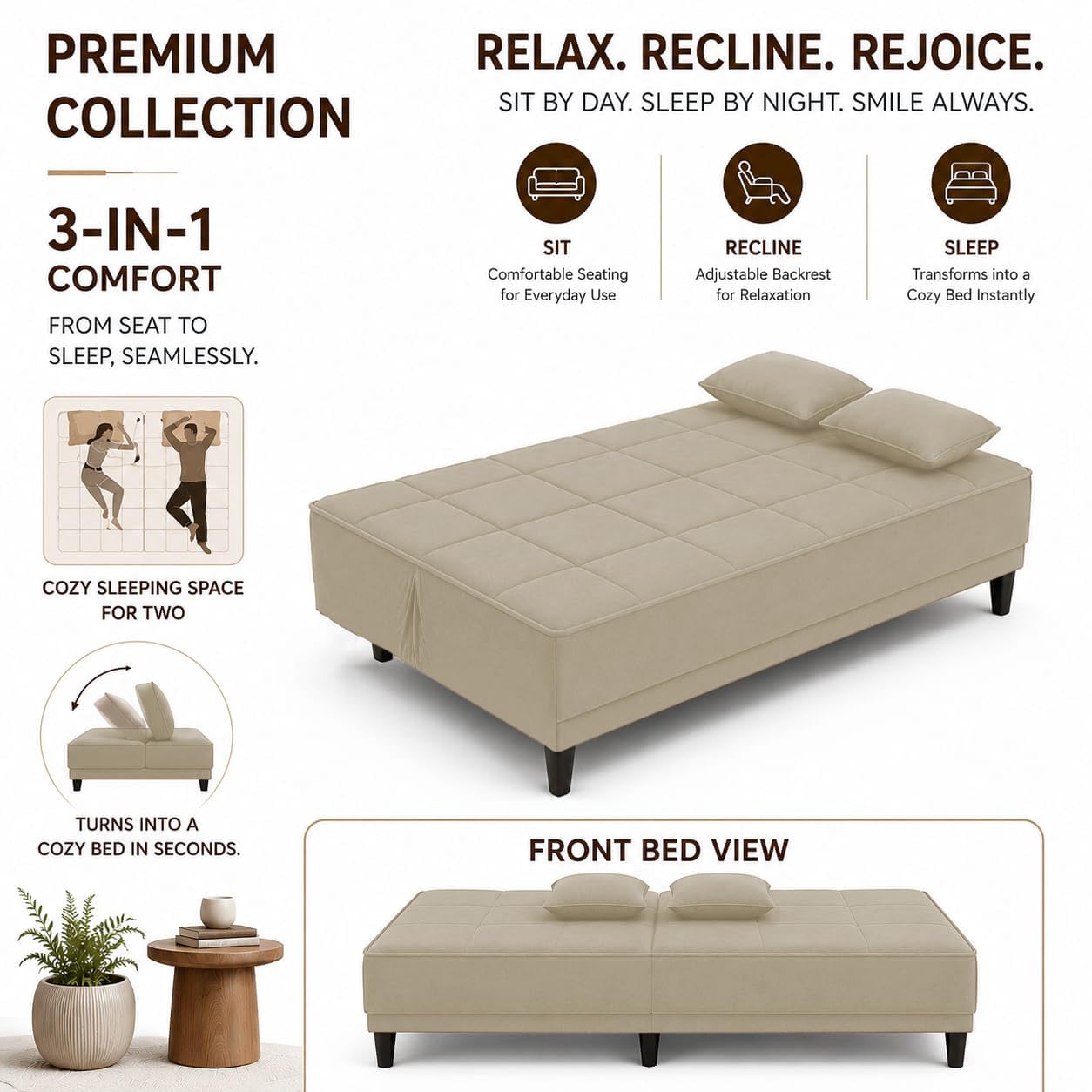 Adorn India Alyssum 3 Seater Sofa Cum Bed 4X6 Velvet 2 Cushions (Color Beige) and Suitable for All Indoor, with 3 Years Warranty