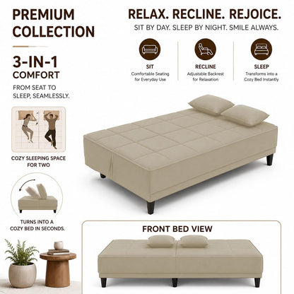 Adorn India Alyssum 3 Seater Sofa Cum Bed 4X6 Velvet 2 Cushions (Color Beige) and Suitable for All Indoor, with 3 Years Warranty