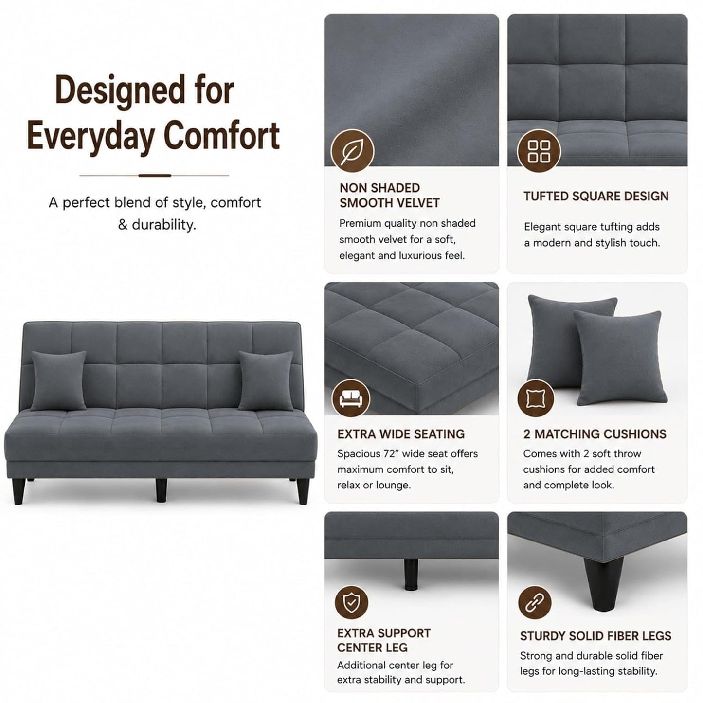 Adorn India Alyssum 3 Seater Sofa Cum Bed 4X6 Velvet 2 Cushions (Color Grey) and Suitable for All Indoor, with 3 Years Warranty