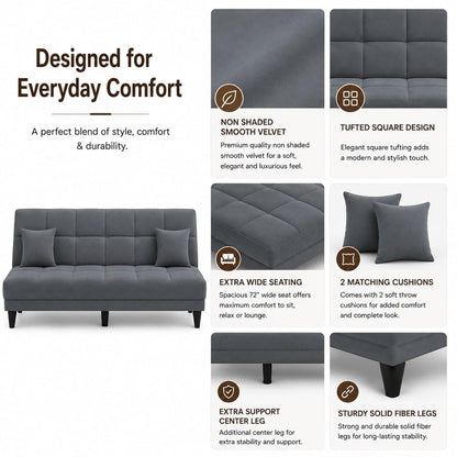 Adorn India Alyssum 3 Seater Sofa Cum Bed 4X6 Velvet 2 Cushions (Color Grey) and Suitable for All Indoor, with 3 Years Warranty