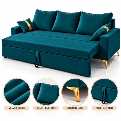 Adorn India Damian Plus 3-Seater Sofa Cum Bed | Velvet Suede Fabric | Ocean Blue