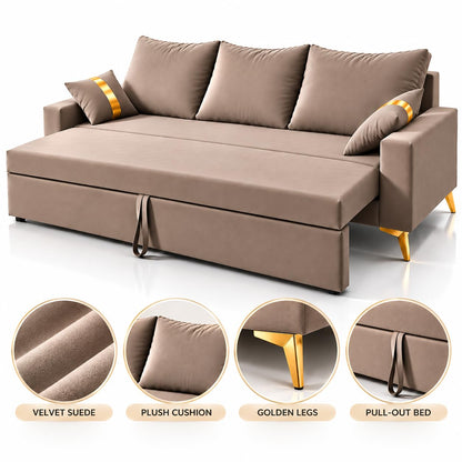Adorn India Damian Plus 3-Seater Sofa Cum Bed | Velvet Suede Fabric | Beige