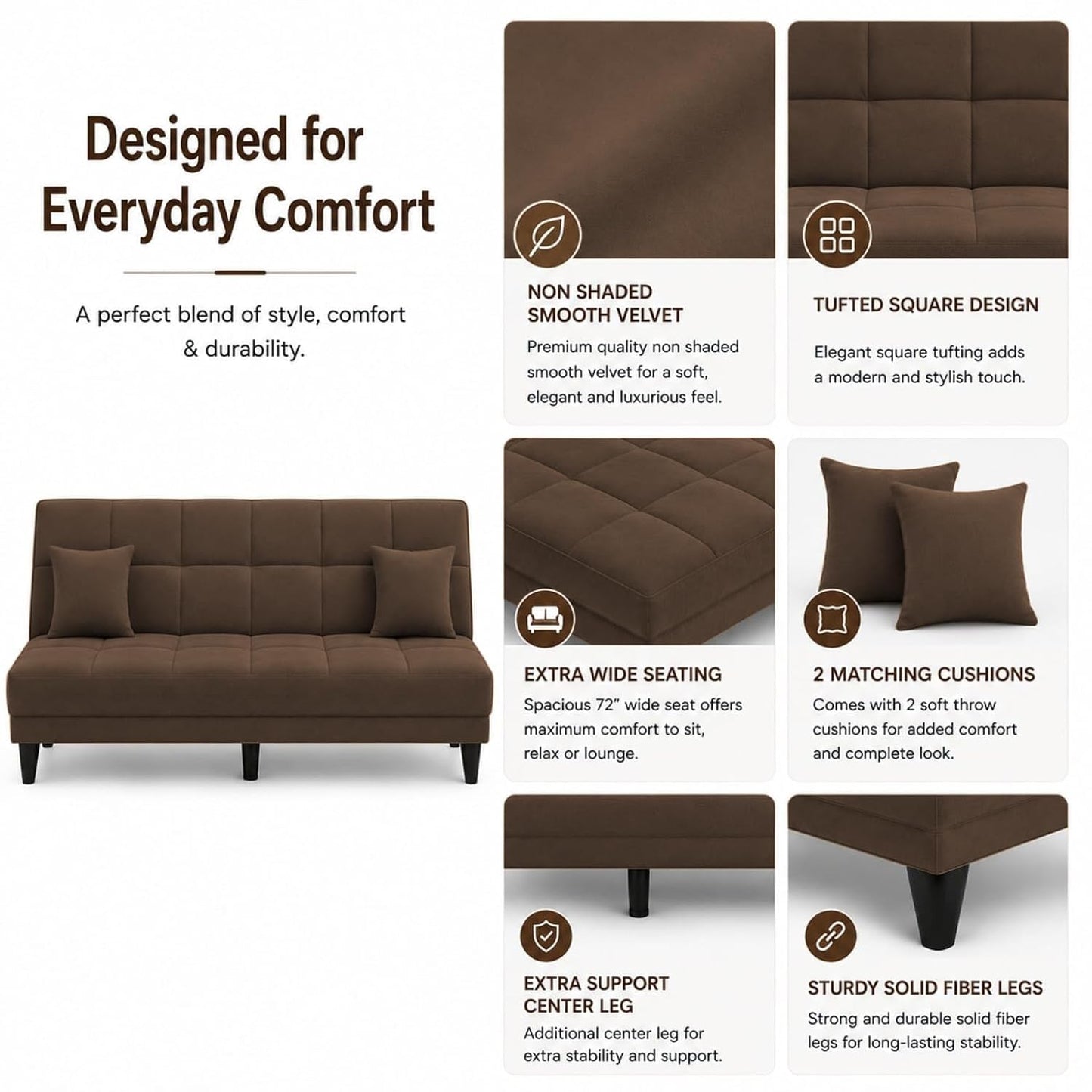 Adorn India Alyssum 3 Seater Sofa Cum Bed 4X6 Velvet 2 Cushions (Color Brown) and Suitable for All Indoor, with 3 Years Warranty