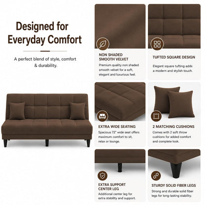 Adorn India Alyssum 3 Seater Sofa Cum Bed 4X6 Velvet 2 Cushions (Color Brown) and Suitable for All Indoor, with 3 Years Warranty