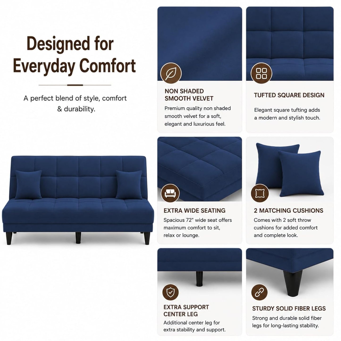 Adorn India Alyssum 3 Seater Sofa Cum Bed 4X6 Velvet 2 Cushions (Color Blue) and Suitable for All Indoor, with 3 Years Warranty